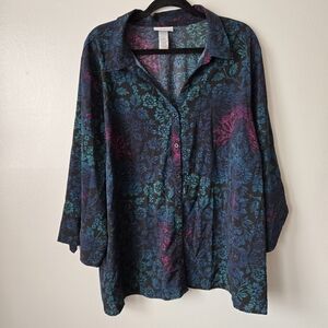 Catherines Floral Button Down Shirt Blouse Blue Purple Teal Size 2X